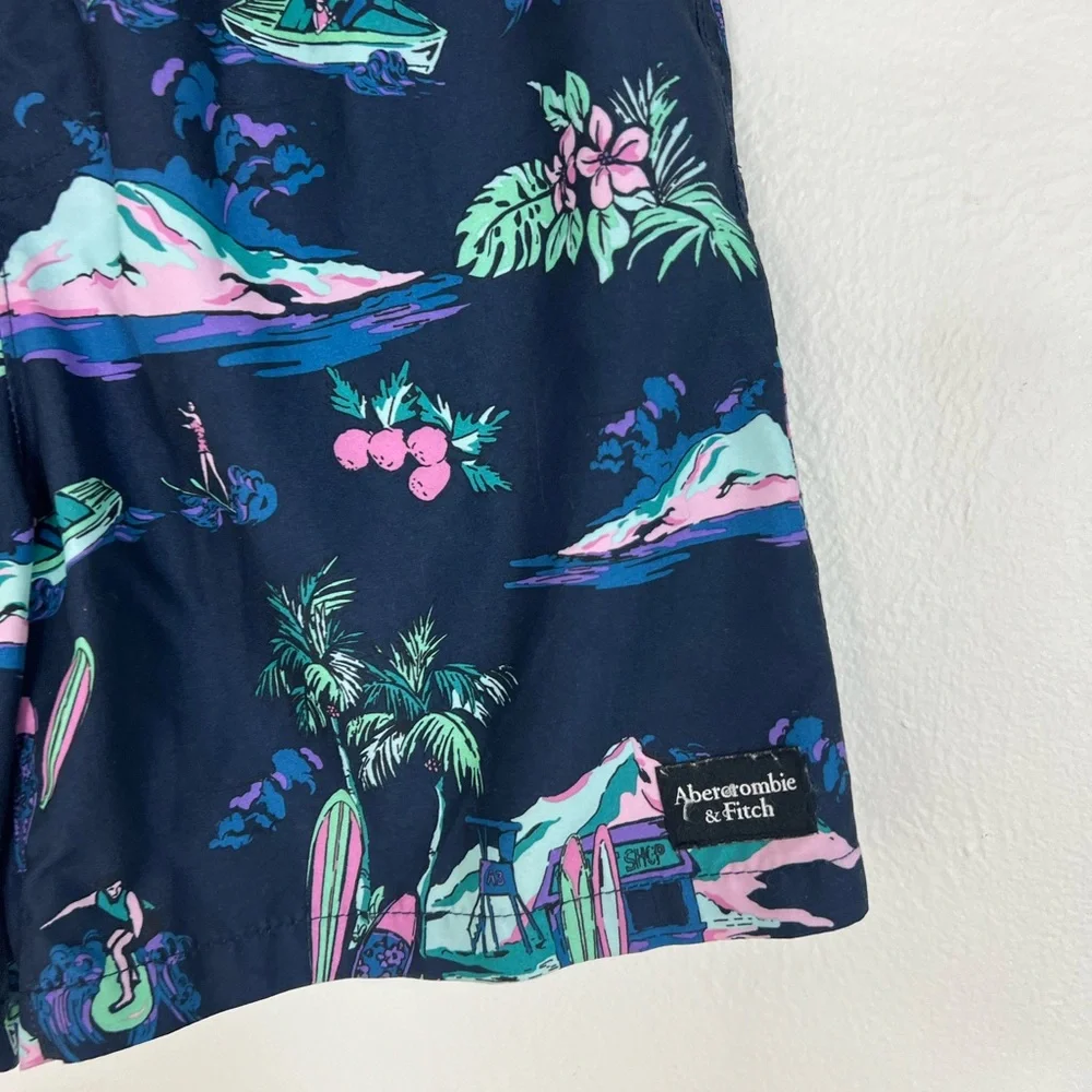 Abercrombie Kids Swim Trunks Navy Tropical Print Elastic Waist Lined Size 11/12